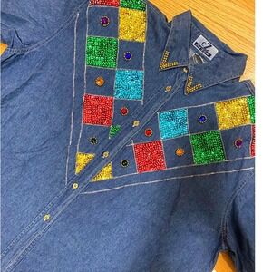 Denim Embellished Shirt‎ Women 3X Short Sleeve Rhinestone Sparkle VTG NWT 1980's